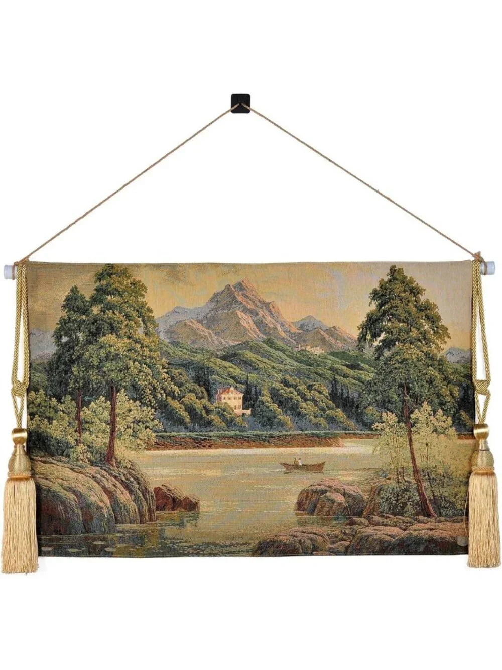Vintage Nature Tapestry Wall Hanging Set with Rod & Tassels - Aesthetic Green